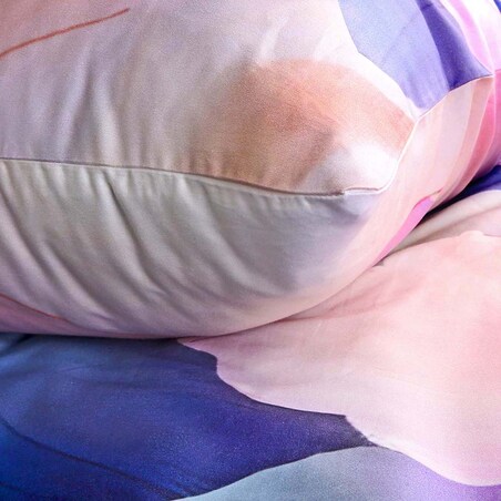 Pościel satyna bawełniana 160x200 Aurora biała i niebieska w pastelowe różowe kwiaty, Satynlove Premium