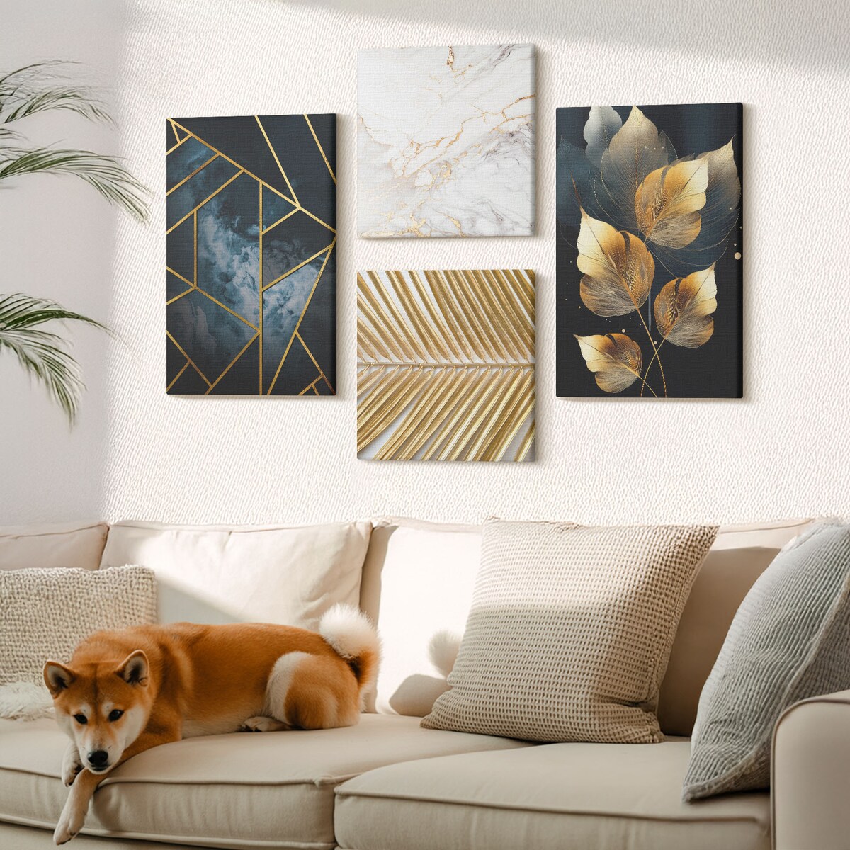 Zestaw 4 obrazów na płótnie - Nowoczesne wzory roślinne - granatowy