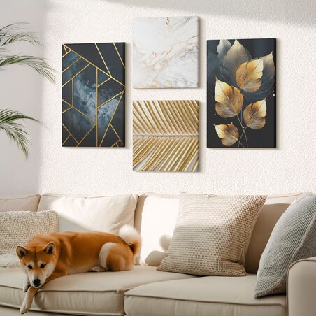 Zestaw 4 obrazów na płótnie - Nowoczesne wzory roślinne - granatowy
