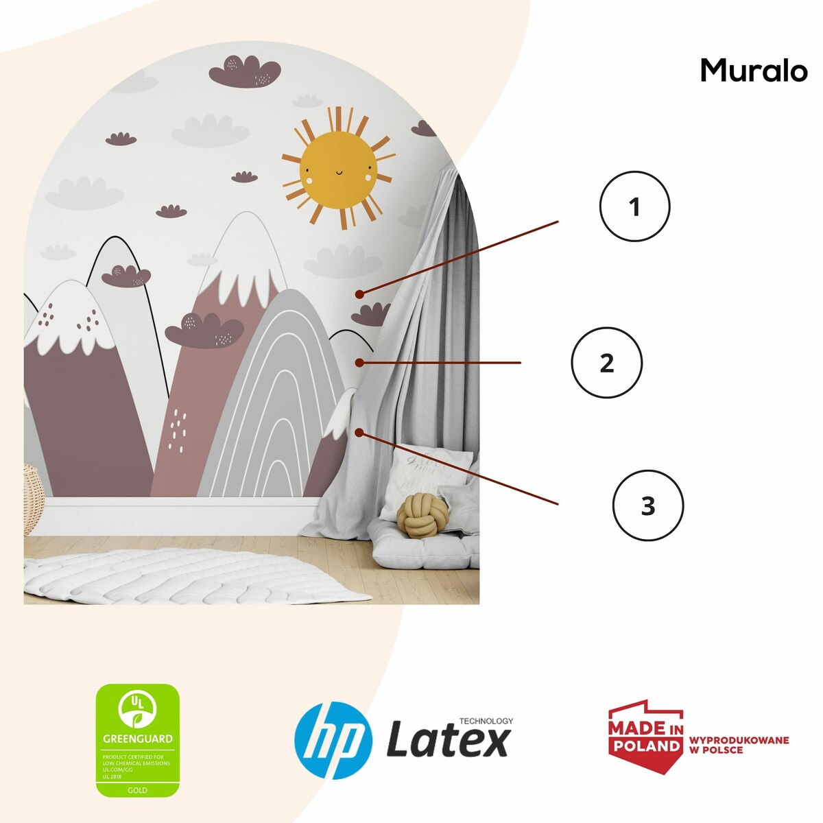 NAKLEJKI ŚCIENNE DLA DZIECI BORDOWE GÓRY CHMURKI ZESTAW STYL SKANDYNAWSKI