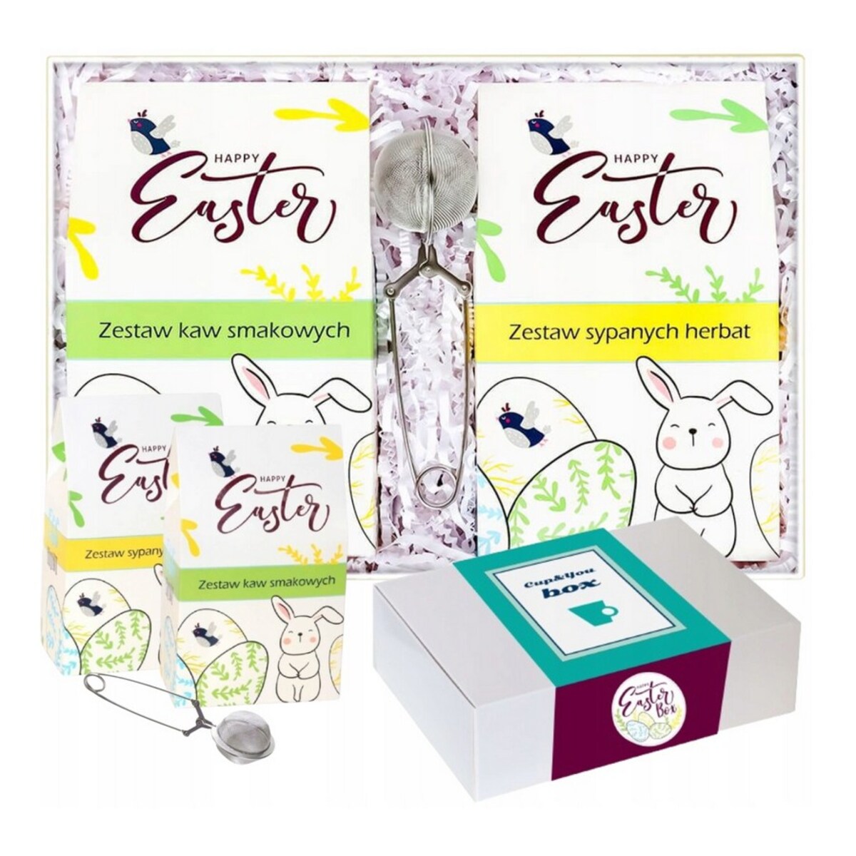 Box HAPPY EASTER zestaw kaw smakowych i herbat liściasych z zaparzaczem - paczka kosz upominek prezent na Wielkanoc Zajączka dla kobiety faceta