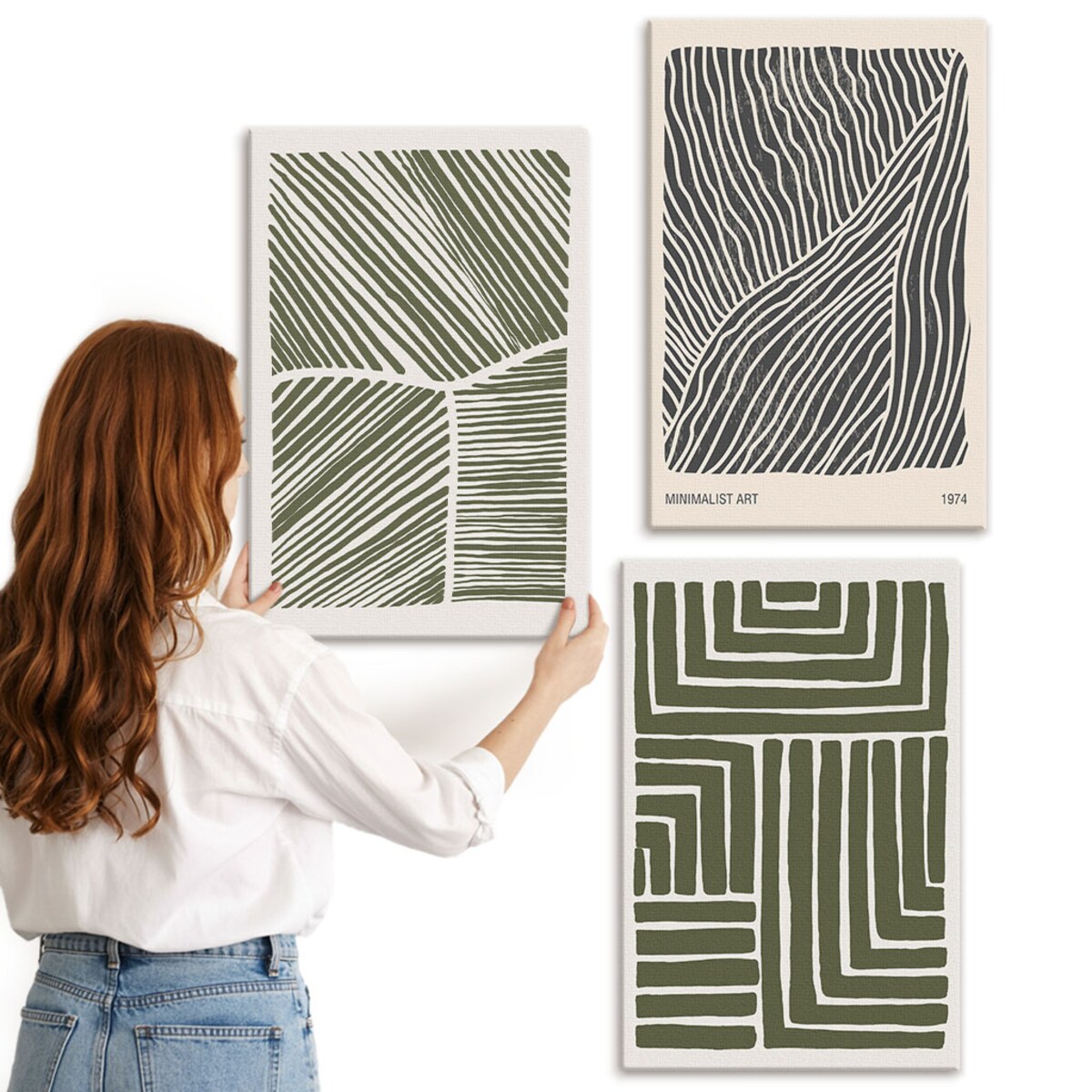 Zestaw 3 dużych obrazów na płótnie - Wzory linii kształty zieleń boho - zielony