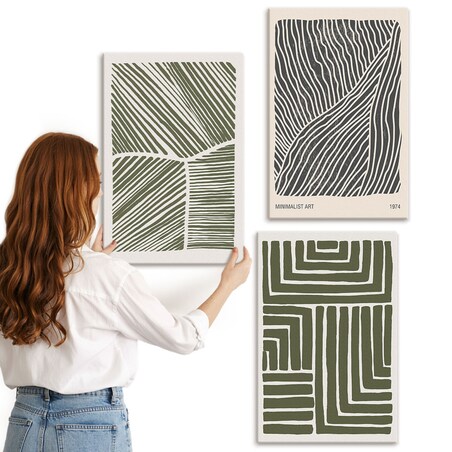 Zestaw 3 dużych obrazów na płótnie - Wzory linii kształty zieleń boho - zielony