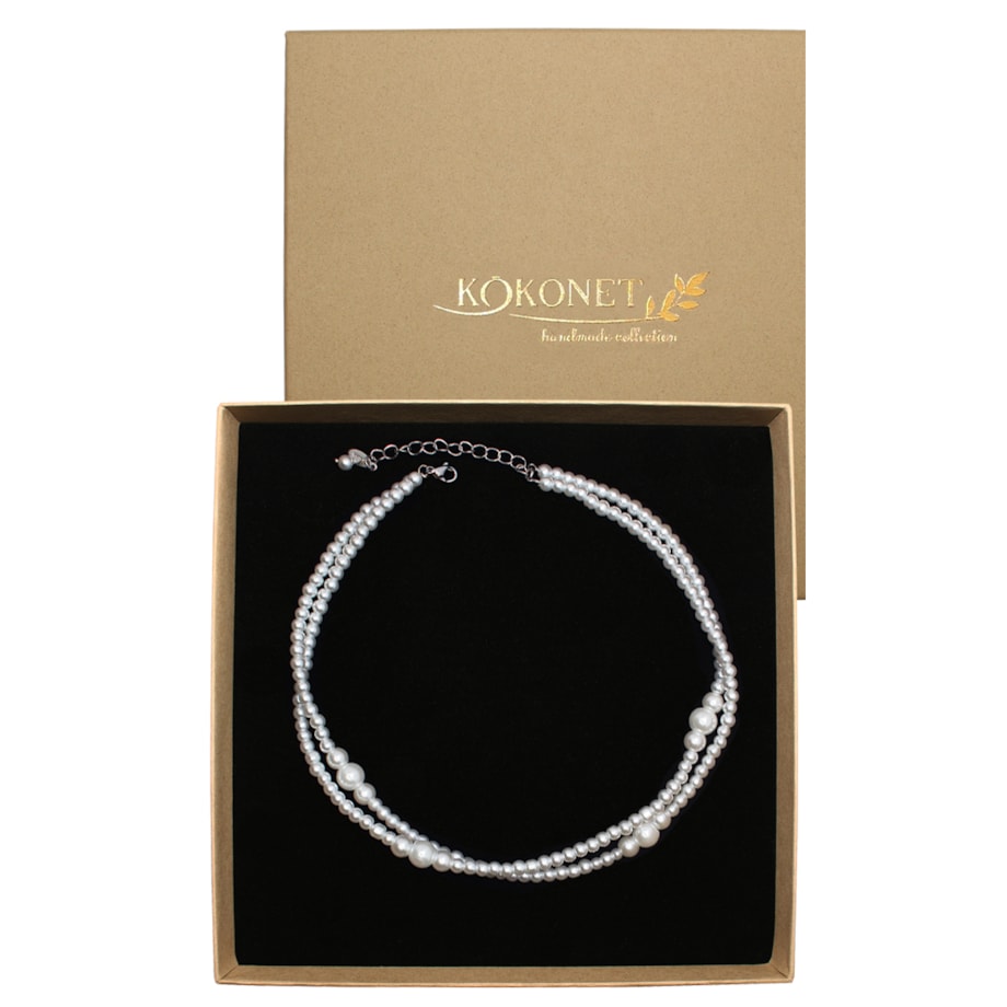 Srebrny naszyjnik perłowy choker z regulacją w pudełku na prezent elegancki