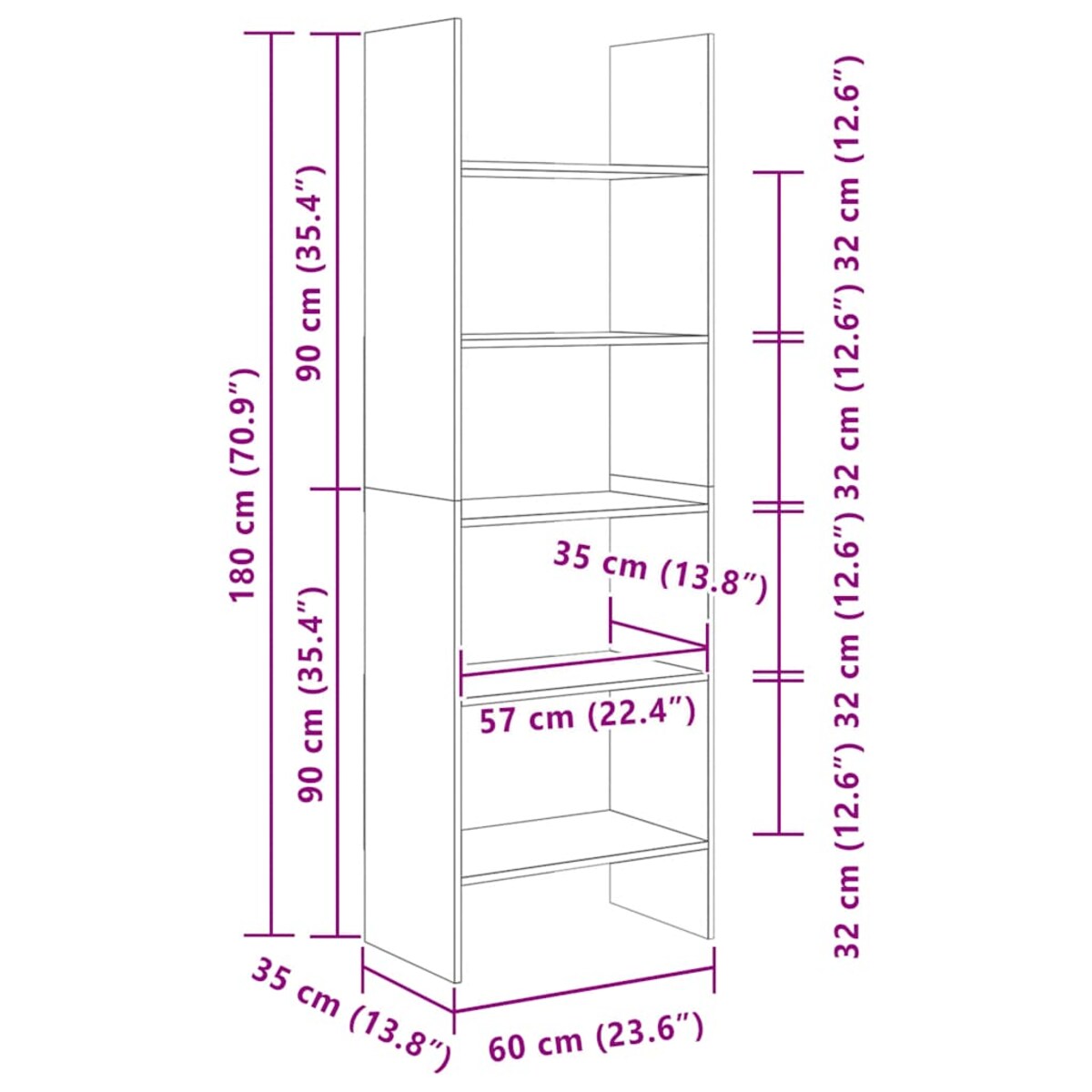 vidaXL Regał na książki, biały, 60x35x180 cm, materiał drewnopochodny