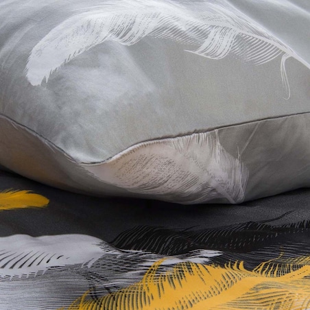 Pościel satyna bawełniana 180x200 Fevola białe i złote pióra na szarym tle, Satynlove