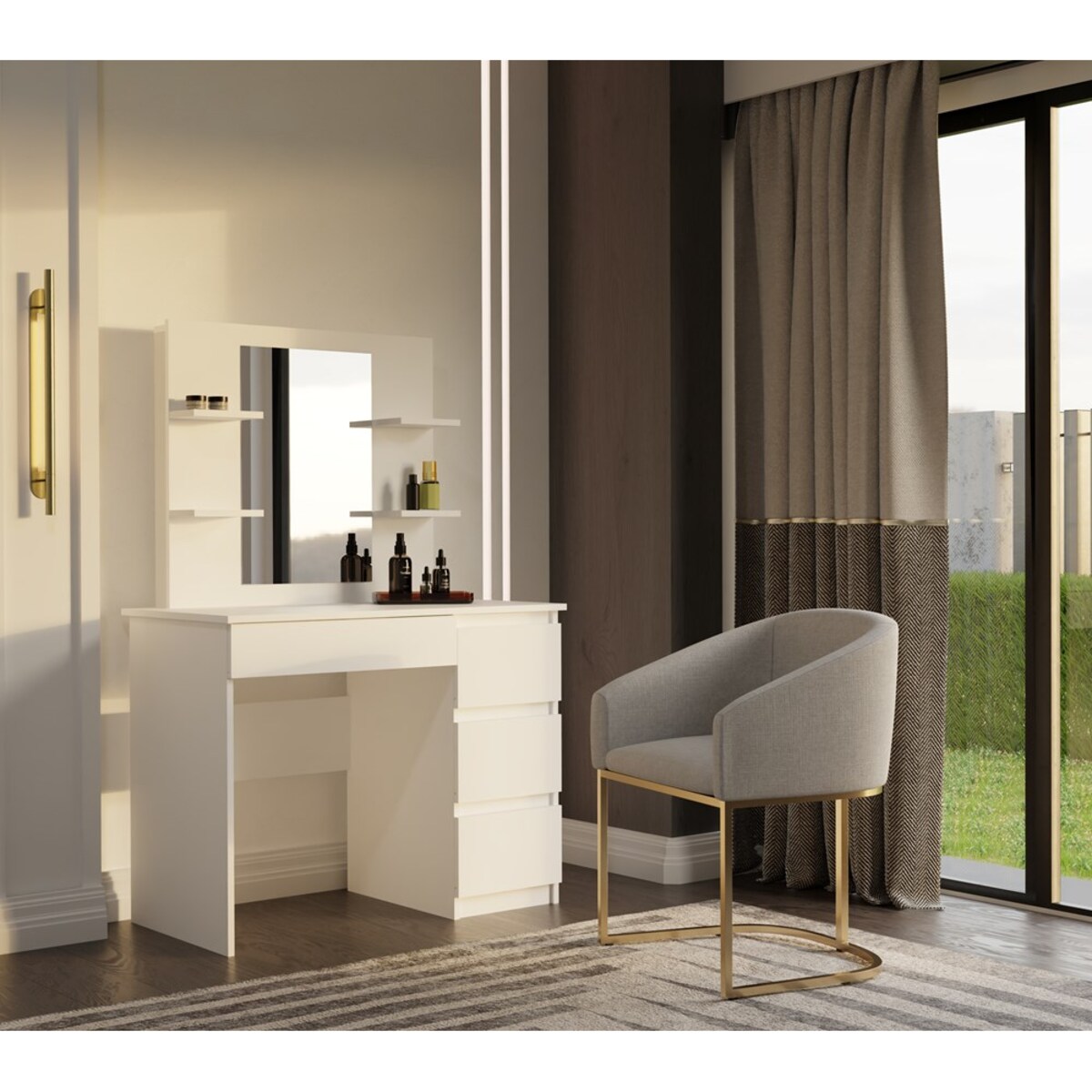 Toaletka MARINA 4P LUSTRO MIJAS PRAWE 4 Szuflady 4 Półki BIAŁA Do Sypialni