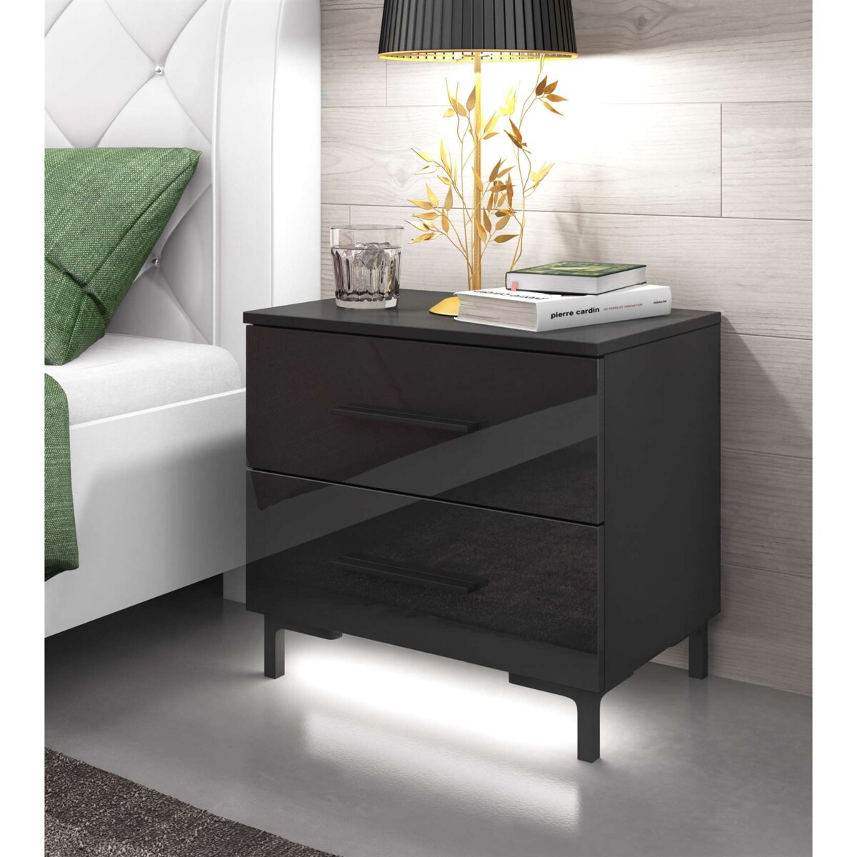 Stolik nocny LINA 55x52x37 cm czarny połysk z LED