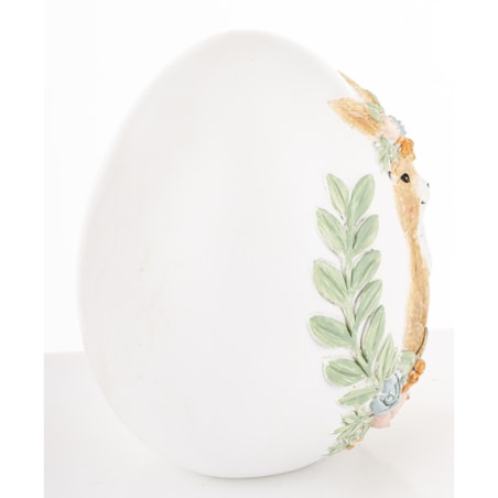 Dekoracja - jajko ozdobne 18x13x13 cm PISANKA biała z króliczką i kwiatami