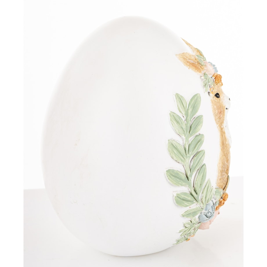 Dekoracja - jajko ozdobne 18x13x13 cm PISANKA biała z króliczką i kwiatami