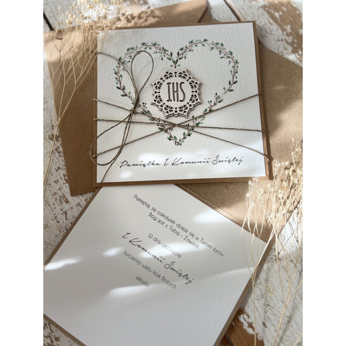 Rustykalna kartka komunijna - Pierwsza Komunia Święta piękne życzenia