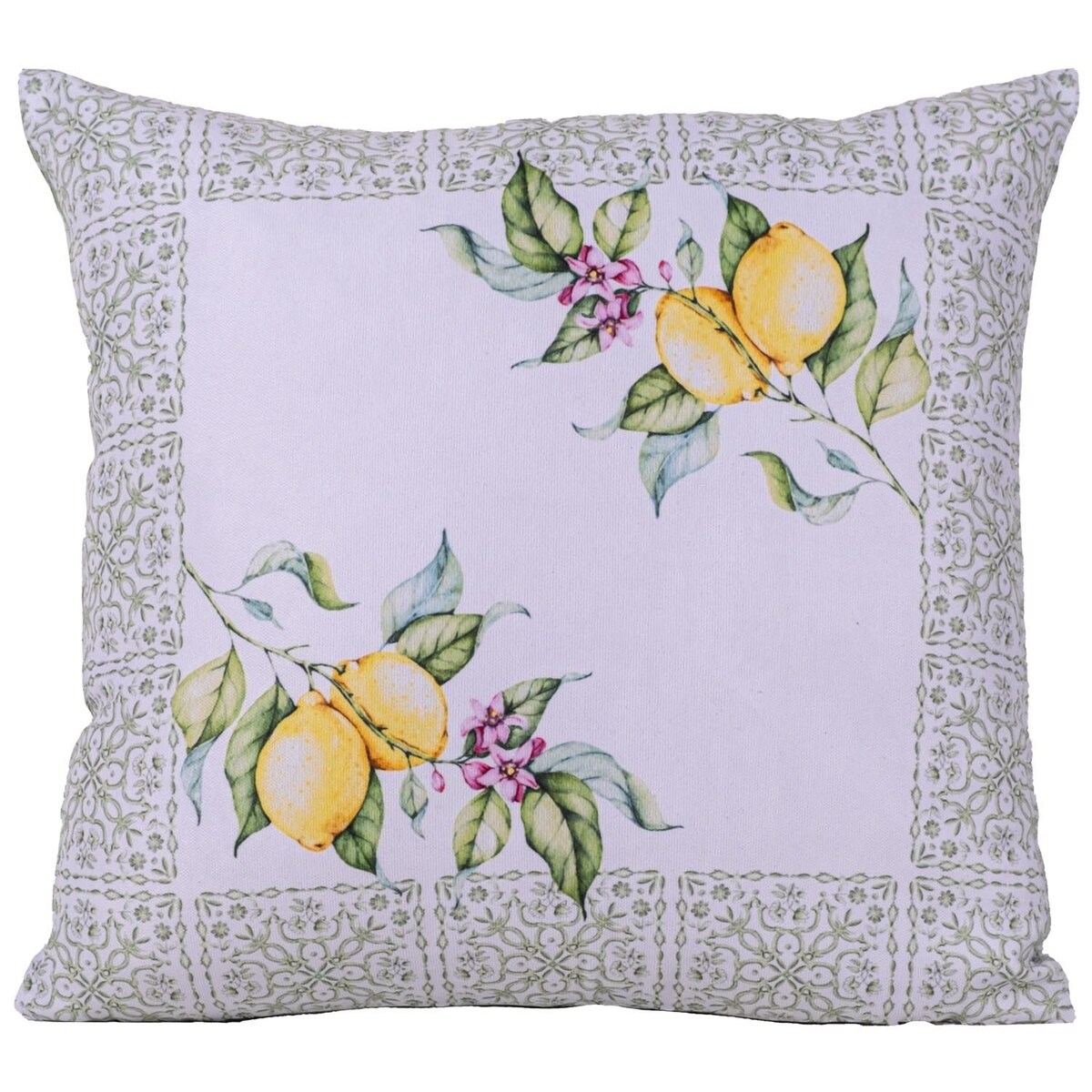 Poszewka dekoracyjna 43x43 biała, w zielony ornament i żółte cytryny, Darymex