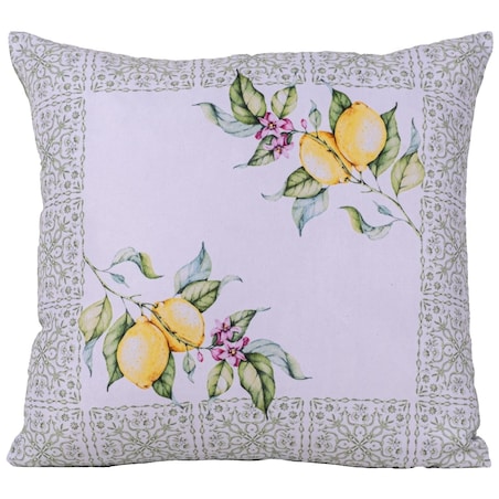 Poszewka dekoracyjna 43x43 biała, w zielony ornament i żółte cytryny, Darymex