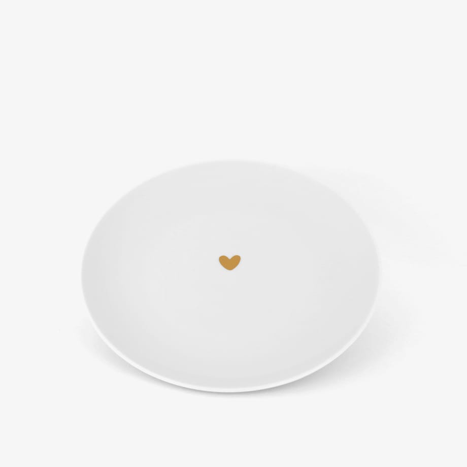 Biały talerz porcelanowy 20 cm - Motyw złotego serca na ślub dla pary