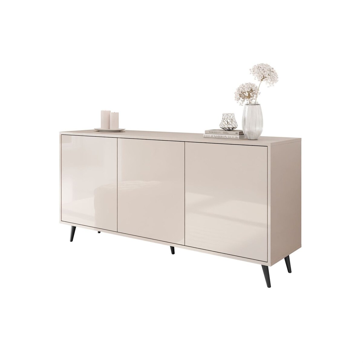Trzydrzwiowa komoda SANAYI na wysokich, skośnych, czarnych nóżkach, kaszmir połysk