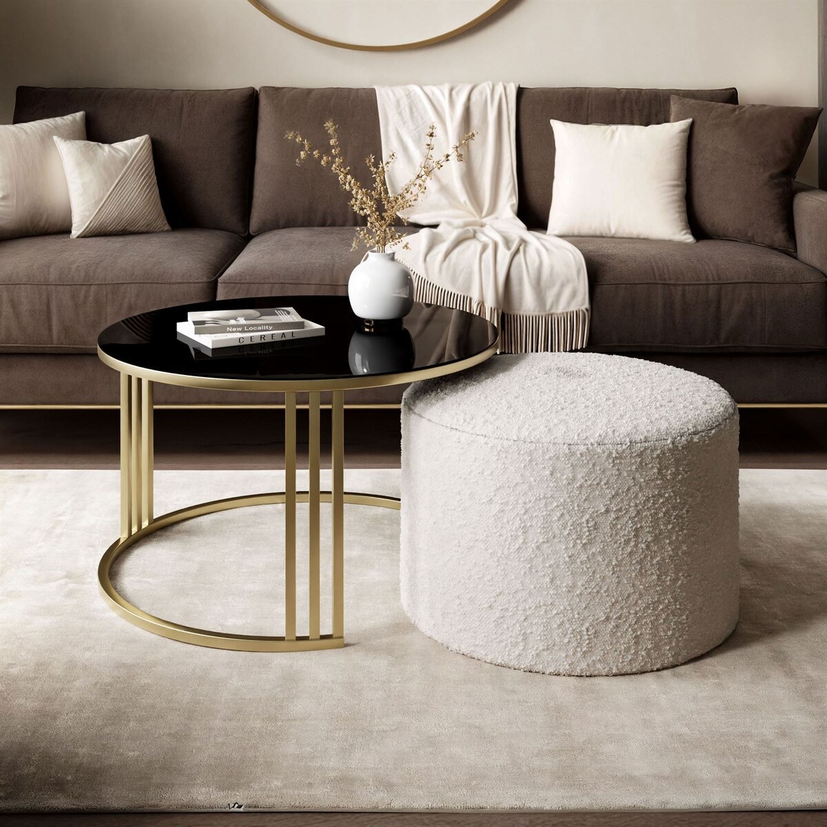 Stolik kawowy z pufą LORI GLASS złoto szczotkowane, czarne szkło / Coral 65