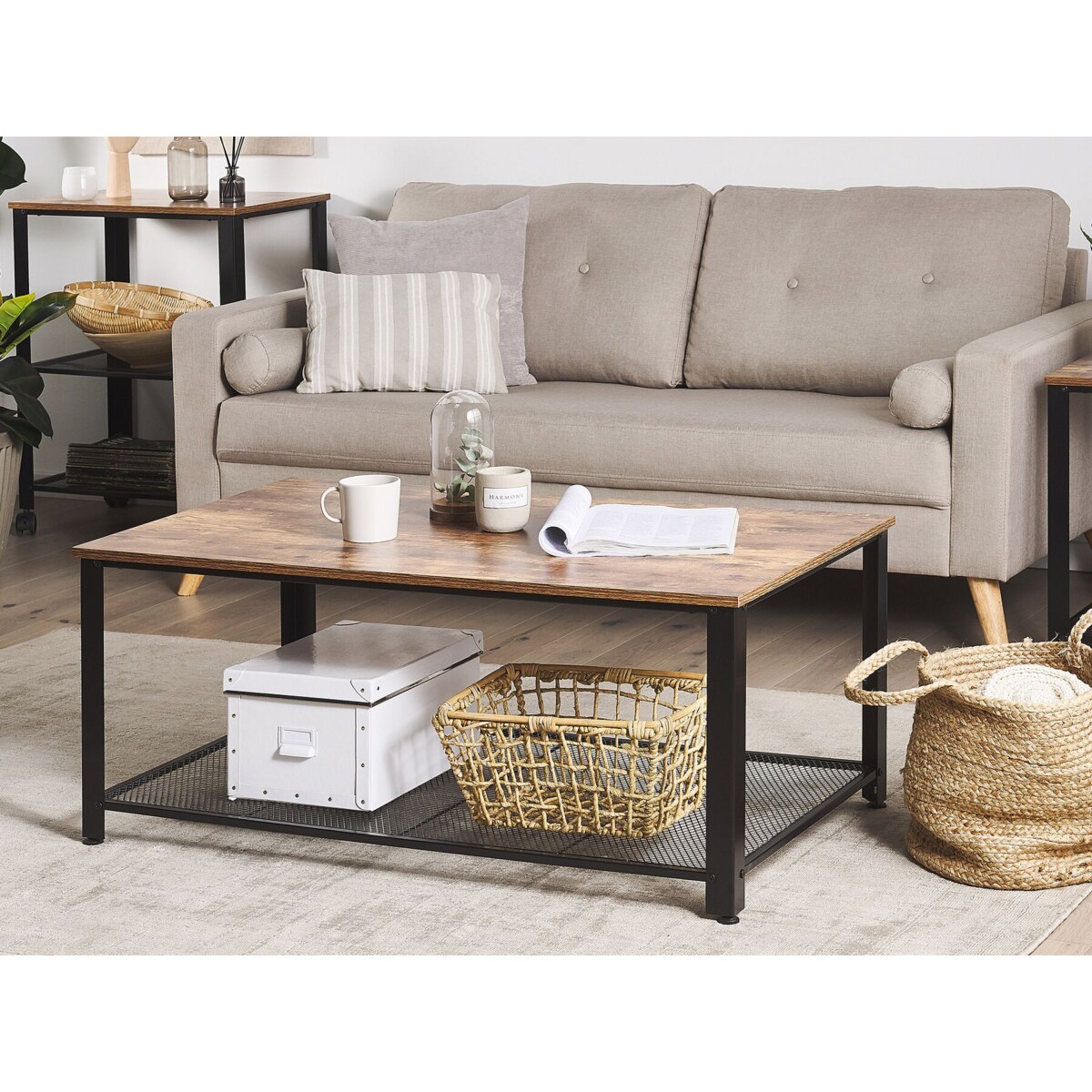 Stolik kawowy z półką ciemne drewno z czarnym ASTON