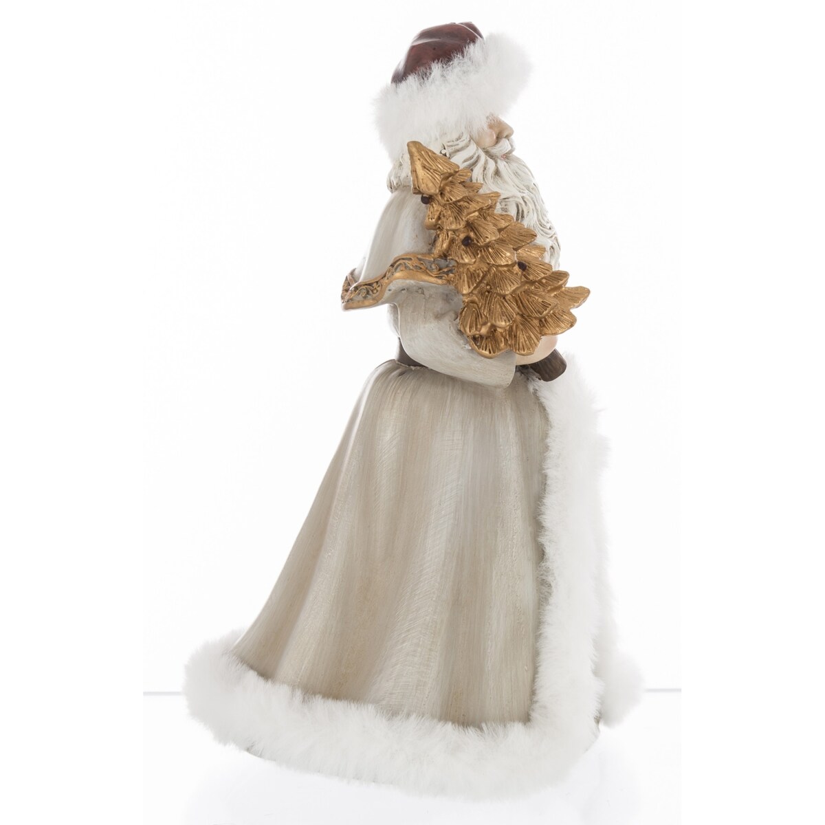 Mikołaj w płaszczu obszytym białym futrem ze złotą choinką i skarpetą z prezentami 22x14x14 cm