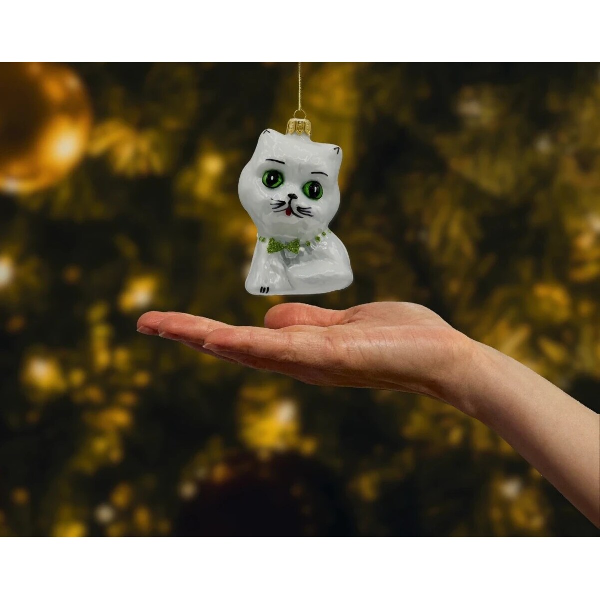 Bombka choinkowa: Kot z zieloną muchą: biały