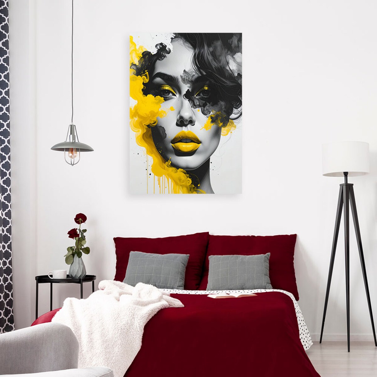 Obraz do salonu sypialni biura, Portret kobiety z elementami żóltego koloru 40x60 cm