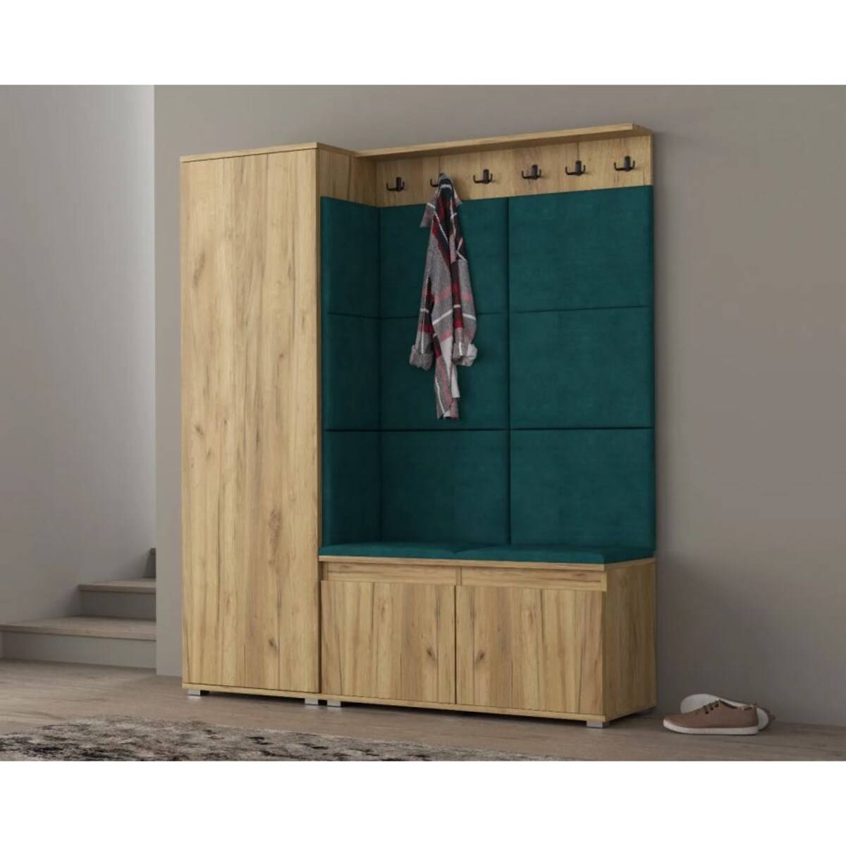 Garderoba z siedziskiem do przedpokoju SINGAPUR 154 dąb craft/zielona