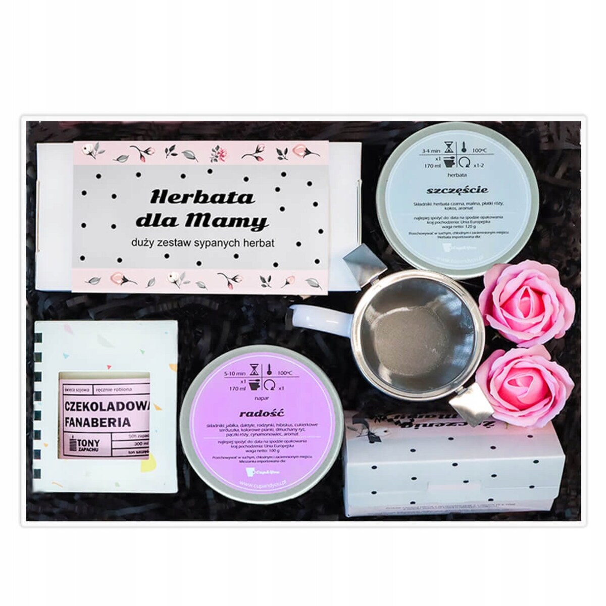 DUŻY ZESTAW PREZENTOWY NA DZIEŃ MATKI URODZINY - ŚWIECA SOJOWA KUBEK HERBATA SYPANA KAWA SMAKOWA ZAPARZACZ - PREZENT UPOMINEK DLA MAMY TEŚCIOWEJ