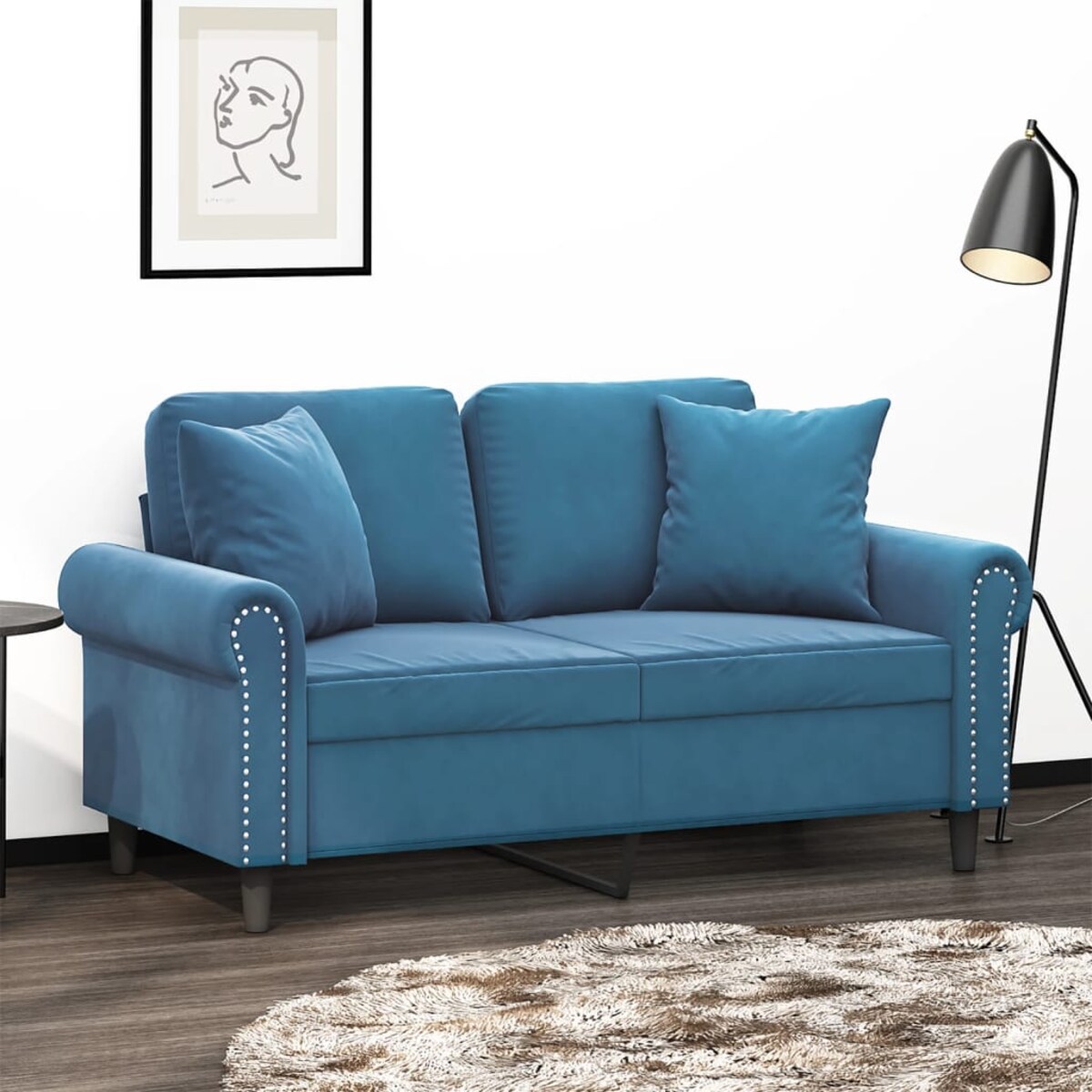 vidaXL 2-osobowa sofa z poduszkami, niebieska, 120 cm, aksamit