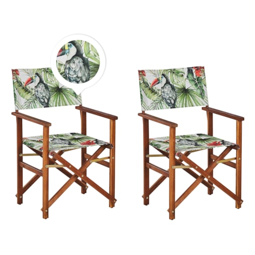 Zestaw 2 krzeseł ogrodowych akacjowy ciemne drewno z szarym / wzór w tukany CINE