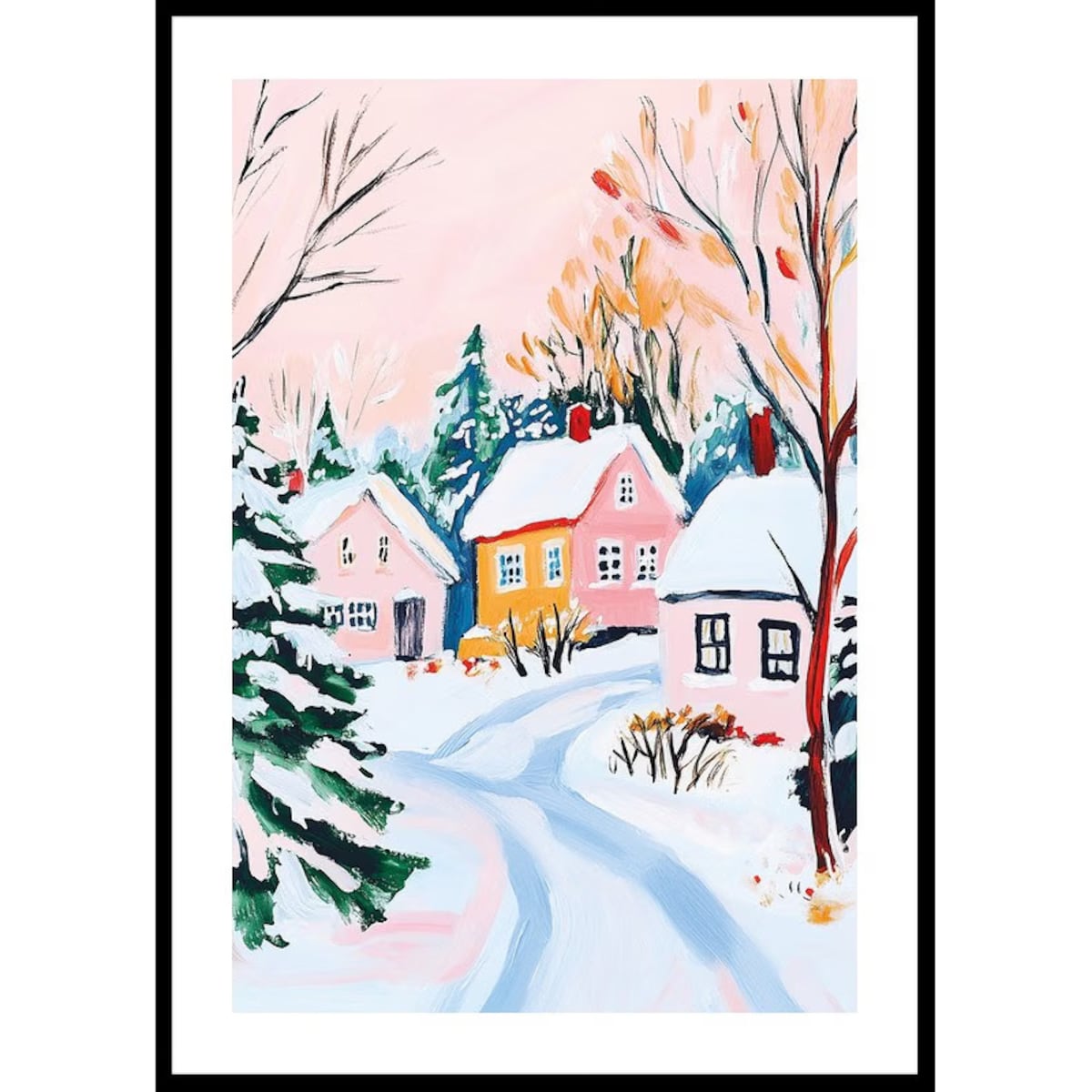 Poster Story, Plakat, Obraz - Pastelowa Wioska Pokryta Śniegiem, wymiary 21 x 30 cm