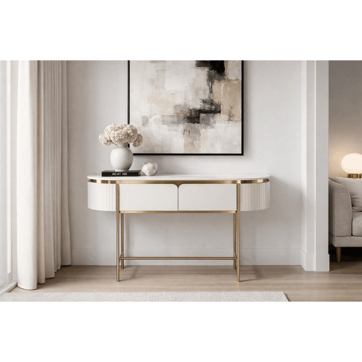 Konsola glamour ecru złota Bueno z marmurem 140x36x86