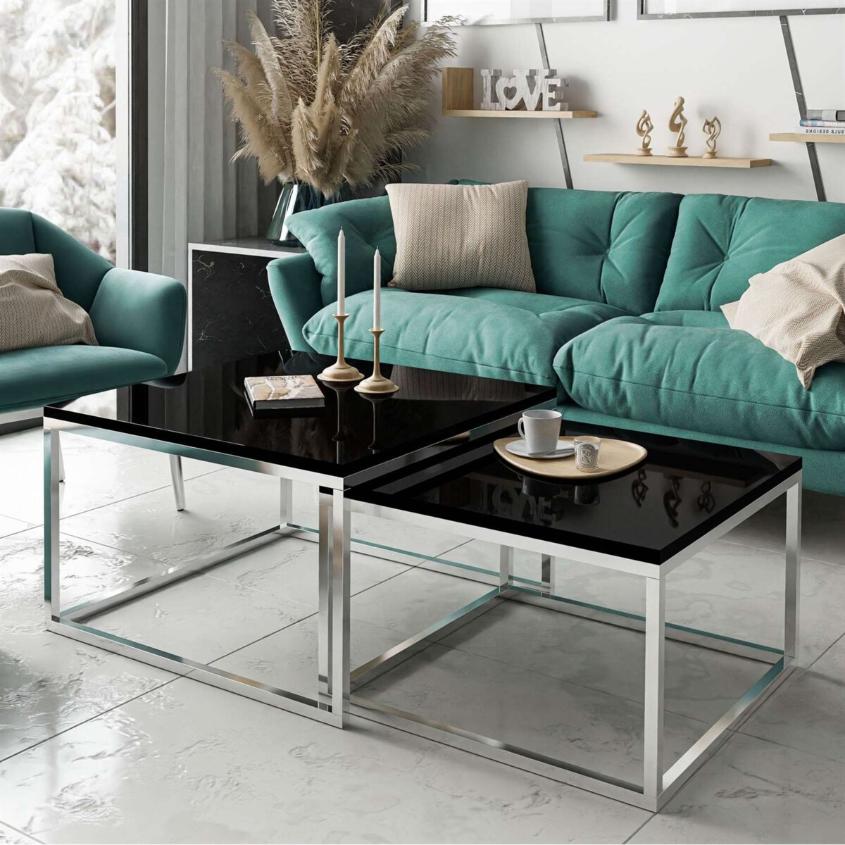 Stolik kawowy ława YOSHI 2w1 chrom czarny połysk 40/46 cm