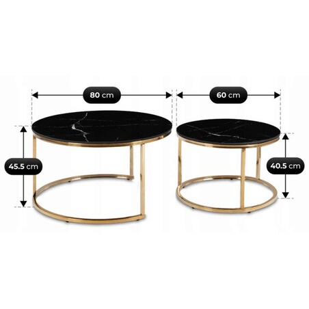 Stolik Kawowy Okrągły Zestaw 2w1 Ława Glamour Marmur Czarny Złoty MILANO