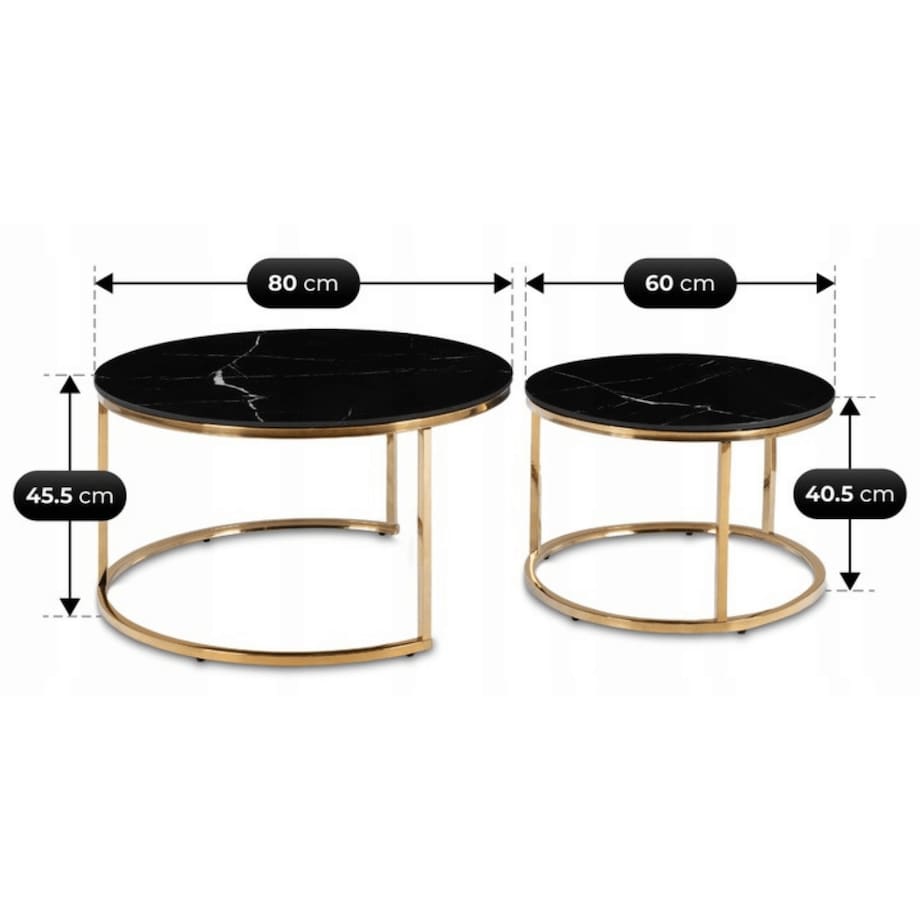 Stolik Kawowy Okrągły Zestaw 2w1 Ława Glamour Marmur Czarny Złoty MILANO