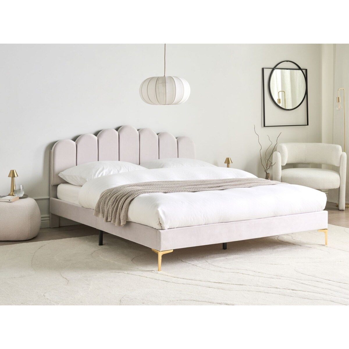 Łóżko Welur SAUVIAN 160 x 200 cm Złamana biel