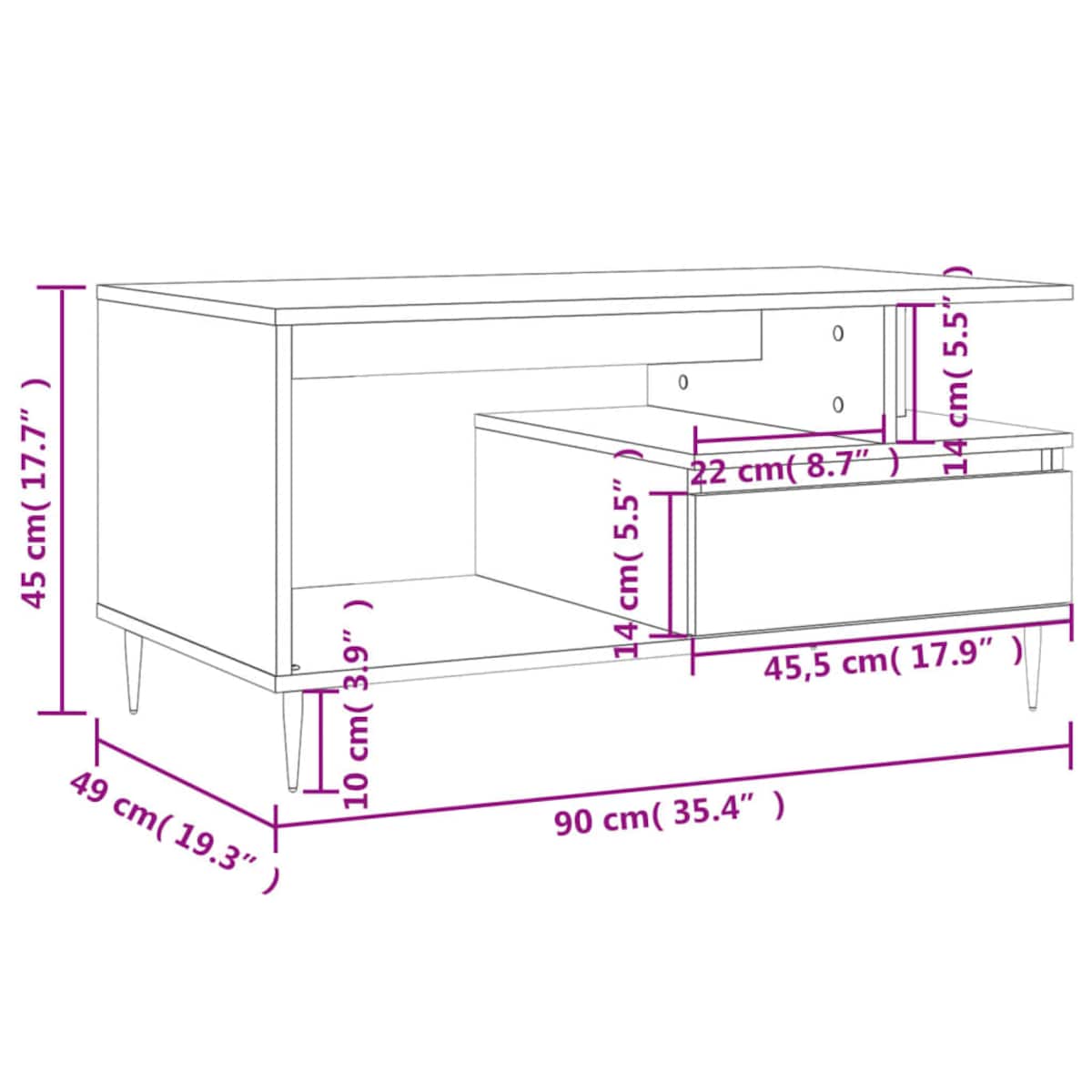 vidaXL Stolik kawowy, dąb sonoma 90x49x45 cm, materiał drewnopochodny
