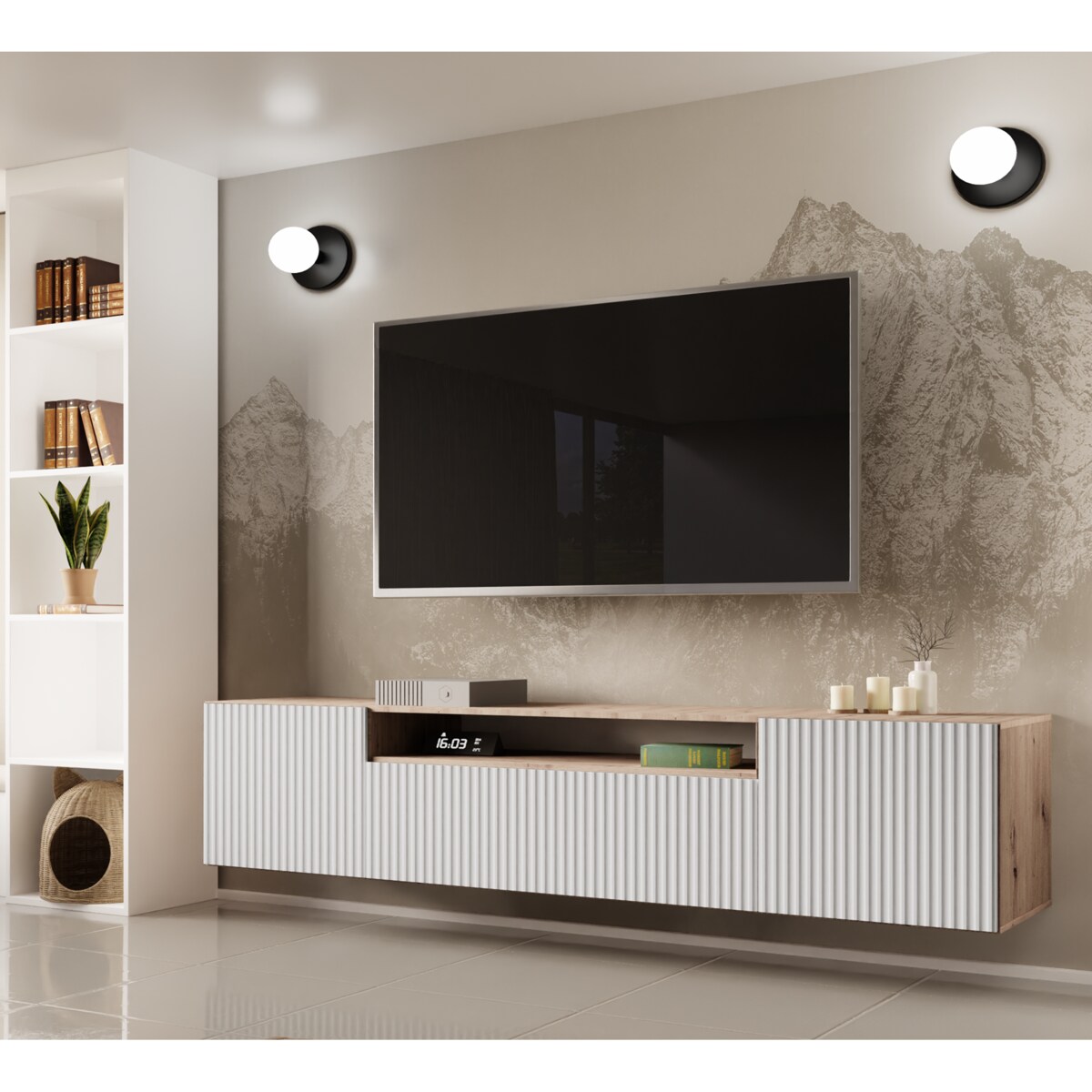 Szafka RTV NOELI, wisząca z ryflowanymi frontami do salonu- biała-artisan