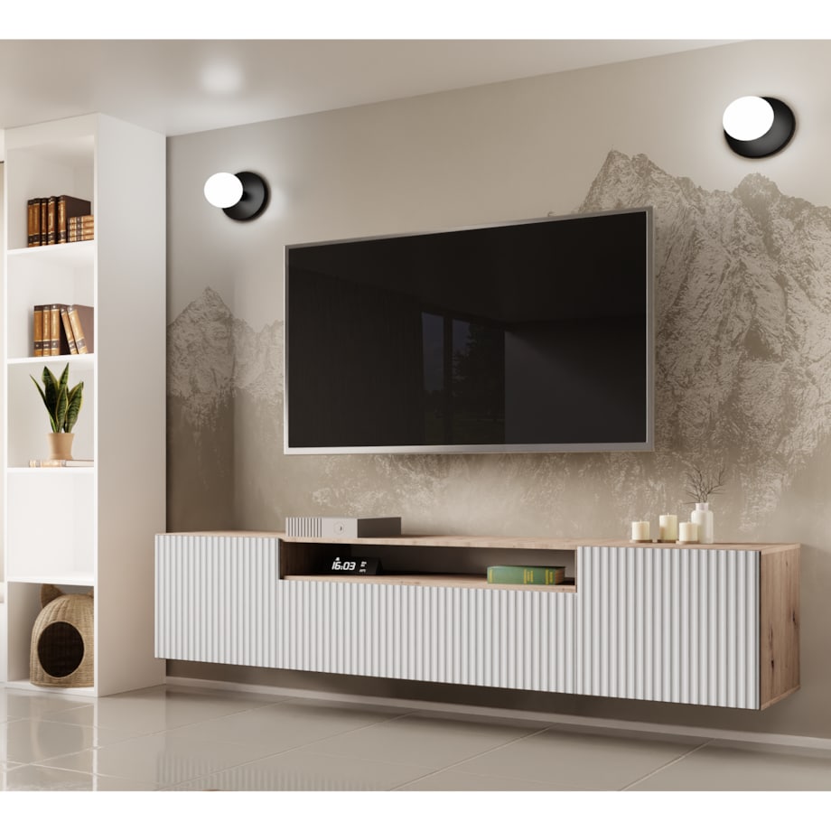 Szafka RTV NOELI, wisząca z ryflowanymi frontami do salonu- biała-artisan