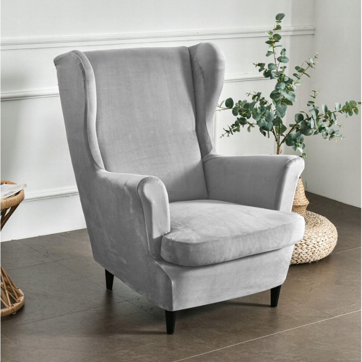 POKROWIEC NA FOTEL USZAK JASNY SZARY WELUR ELASTYCZNY [22E5]