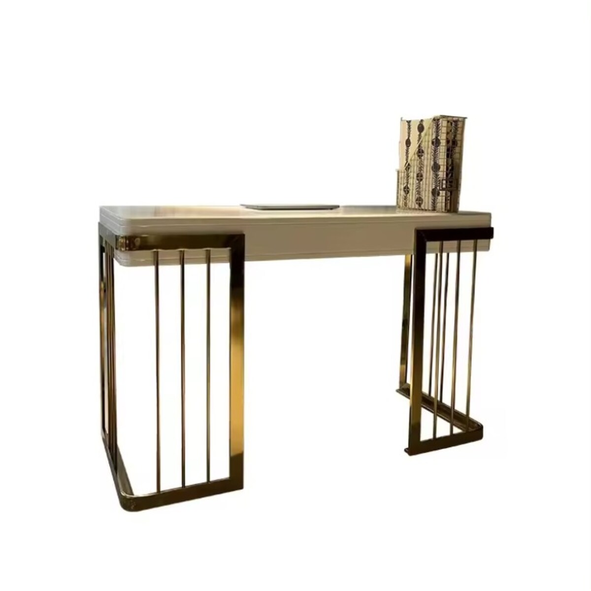 Nowoczesne białe złote biurko do gabinetu / do biura ze stali nierdzewnej Luxury Premium 140x70x75 / 2 szuflady