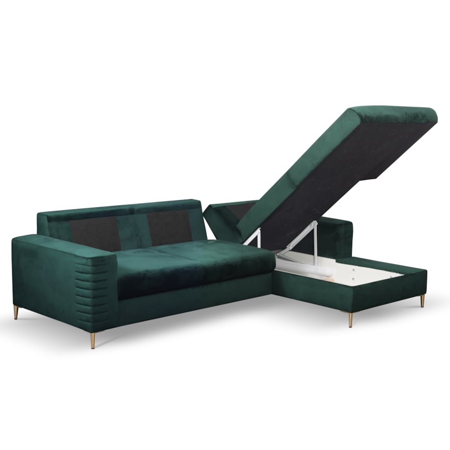 Narożnik rozkładany z zagłówkiem i pojemnikiem OLI, prawostronny, zielony