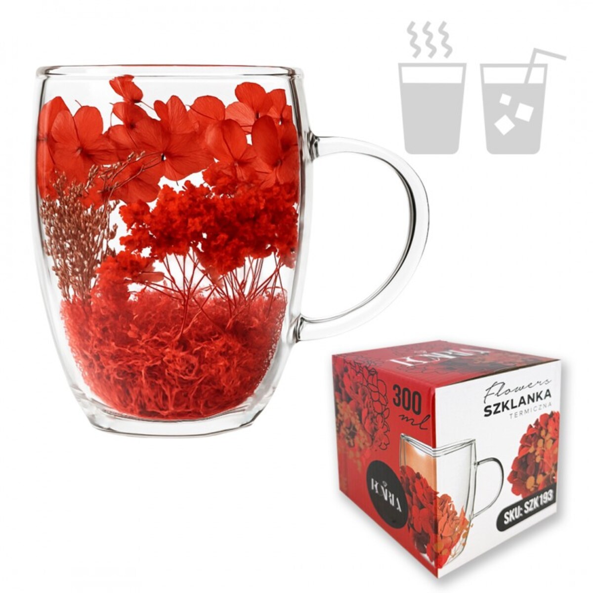 Szklanka termiczna z kwiatami w środku, pełne kwiatów mix, czerwone red 300ml 1szt SZK193