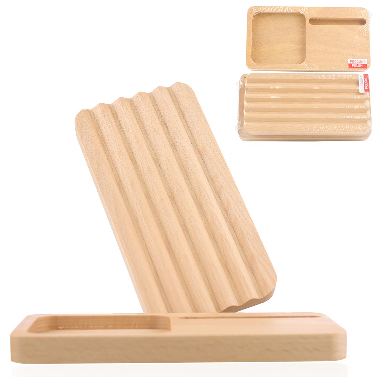 Stojak Na Telefon Organizer Drewniany Na Biurko 2W1 Naturalne Drewno