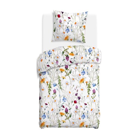 Pościel satyna bawełniana 140x200 Floria biała w kolorowe polne kwiaty, Satynlove