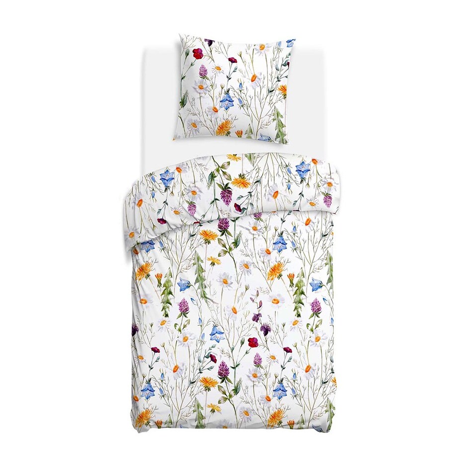 Pościel satyna bawełniana 140x200 Floria biała w kolorowe polne kwiaty, Satynlove