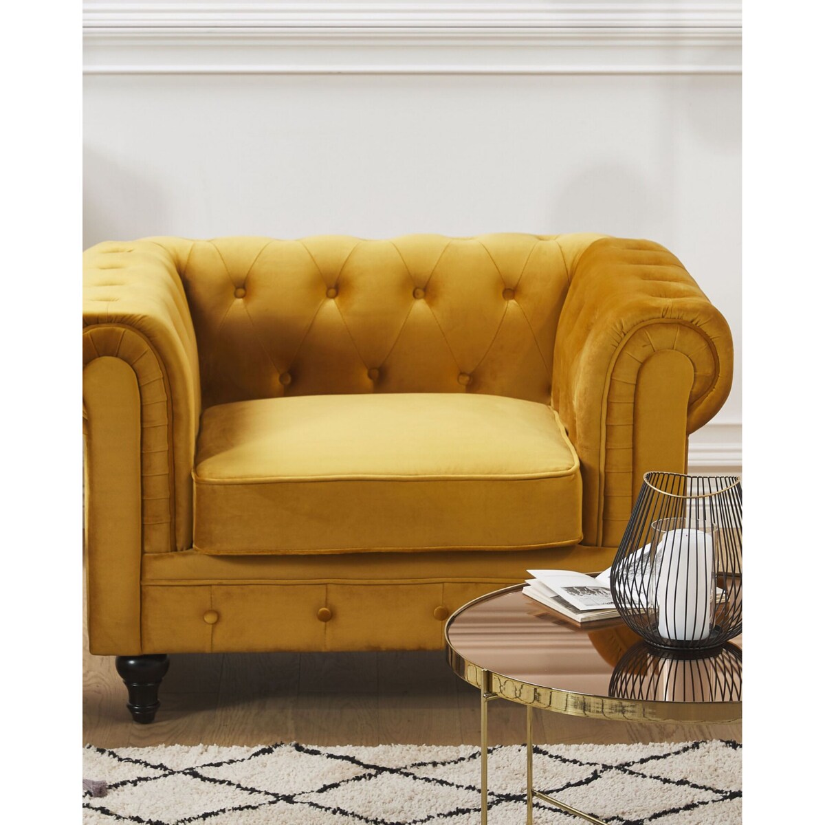 Fotel welurowy żółty CHESTERFIELD