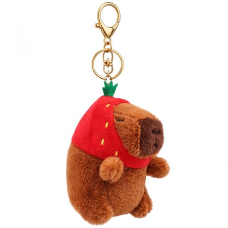 Brelok do kluczy pluszowa puchata Kapibara z czapką truskawka BRL392