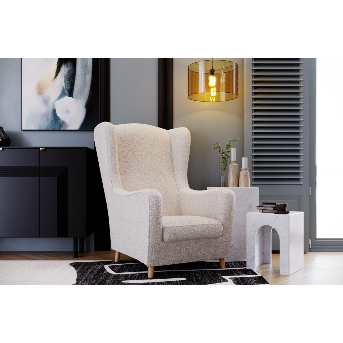 Fotel uszak Skandica AGNETA w tkaninie boucle / nóżki naturalne