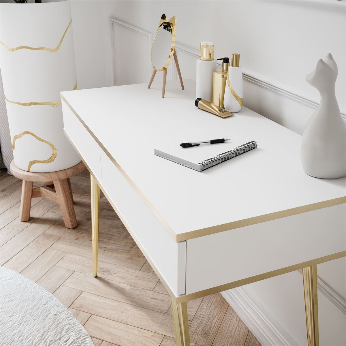 Konsola OXFORD z szufladami na złotym stelażu, biały mat
