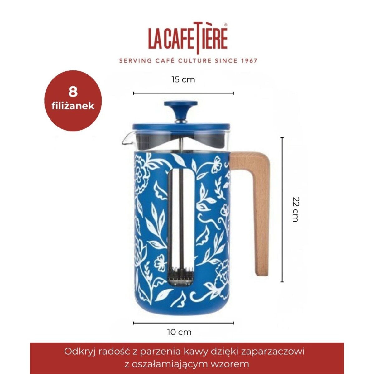 Zaparzacz do Kawy Typu French Press Pisa na 8 filiżanek, Blu Fiorato