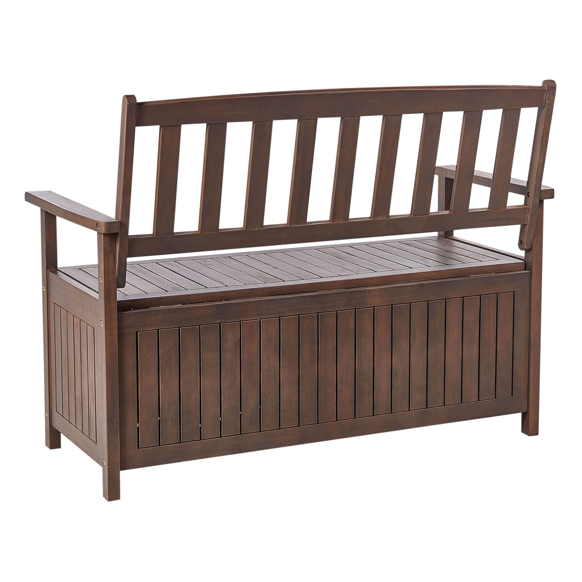 Ławka ogrodowa ze schowkiem 120 cm drewniana ciemna z poduszką czerwoną SOVANA